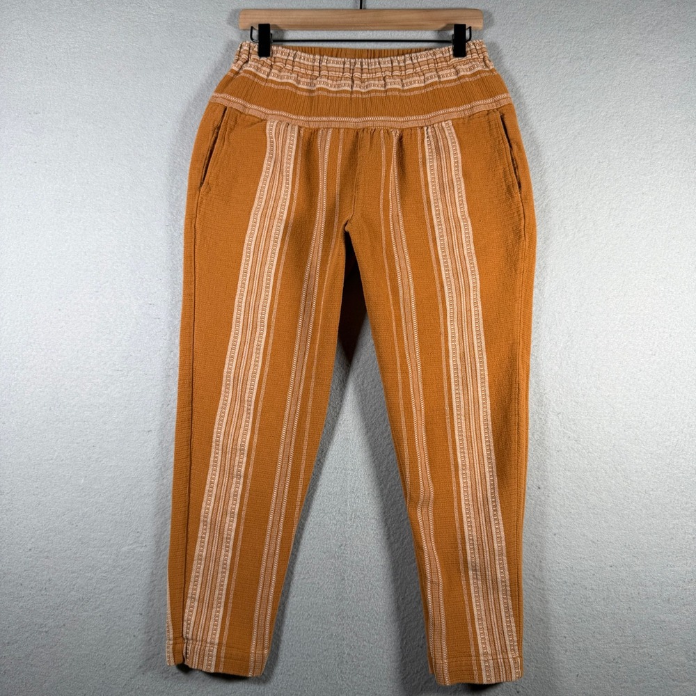 Free People Orange Striped Woven Cotton Smocked Waist Tapered Pants XS